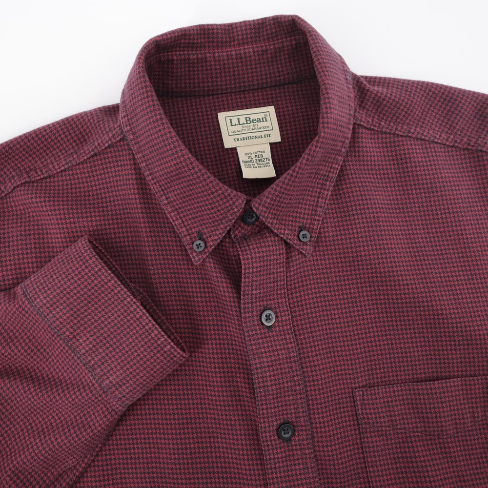 LL Bean Houndstooth Button Down Shirt Burgundy Long Sleeve Mens XL-REG
